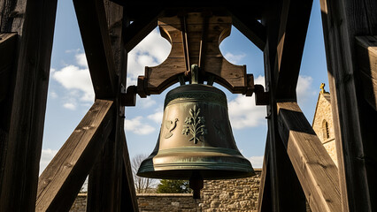 Obraz premium Church bell hanging in wooden frame against blue sky background 