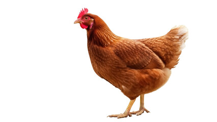 Isolated brown chicken standing in a farmyard looking right on clear cutout, poultry fowl animal