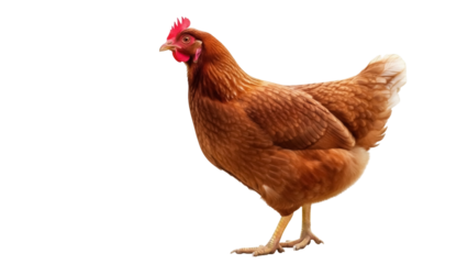 Isolated brown chicken standing in a farmyard looking right on clear cutout, poultry fowl animal