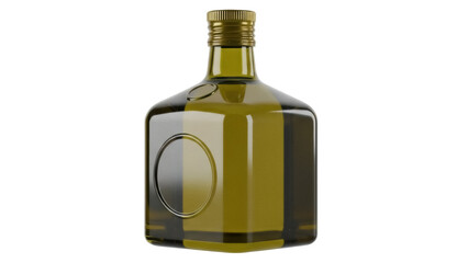 Isolated bottle filled with olive oil, golden cap, clear glass square container mockup
