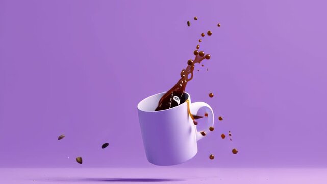coffee mug floating in midair pouring itself endlessly, surreal minimal lifestyle