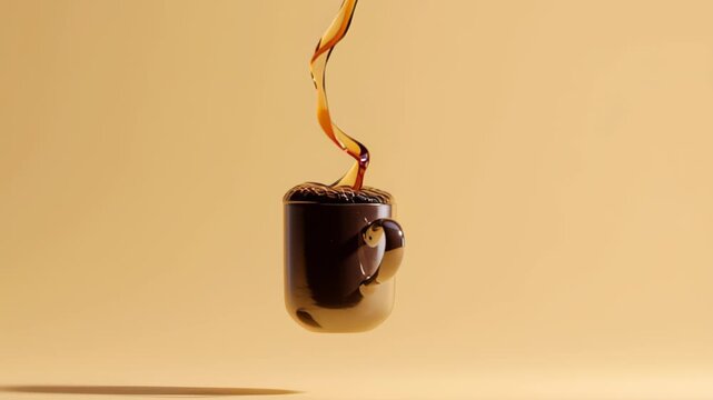 coffee mug floating in midair pouring itself endlessly, surreal minimal lifestyle