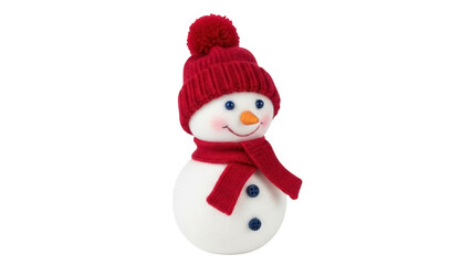 Isolated smiling snowman with blue eyes and buttons, wearing a red knitted hat and scarf