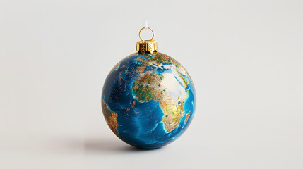 Decorative Christmas ornament shaped like planet Earth, isolated on white background, symbolizing global holidays, unity, travel, and sustainability.
