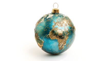 Decorative Christmas ornament shaped like planet Earth, isolated on white background, symbolizing global holidays, unity, travel, and sustainability.