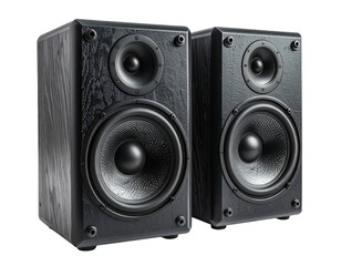 Fototapeta premium Pair of wooden speakers with dual drivers, angled slightly