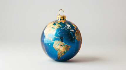 Decorative Christmas ornament shaped like planet Earth, isolated on white background, symbolizing global holidays, unity, travel, and sustainability.