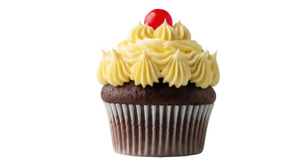 Isolated cupcake with yellow frosting and red cherry on top, a sweet baked treat delight