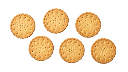 Isolated round crackers arrangement on surface, salty biscuit snacks close-up