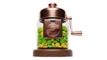 Isolated candy dispenser machine containing green and yellow sweets, snack, candy bowl