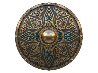 Isolated Celtic shield with intricate knotwork design, round target for combat or defense, old