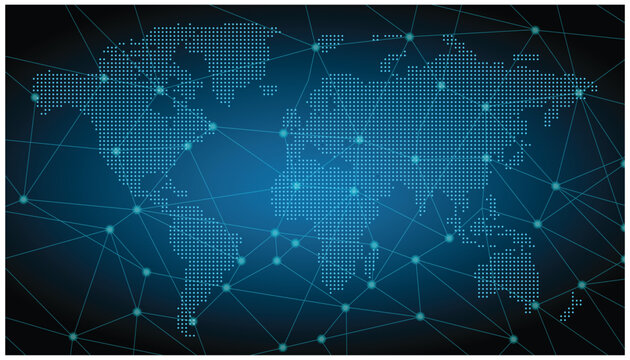 Digital world map with global network connections and data points