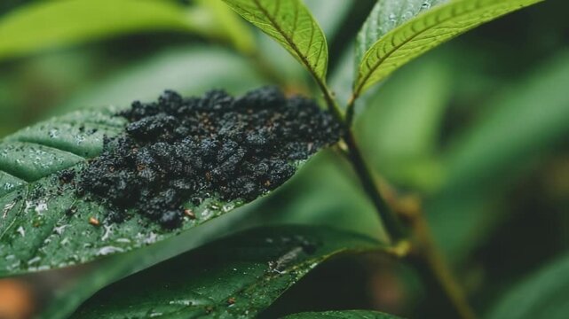 Green leaf with a black, powdery sooty mold coating likely from sap-sucking insects.