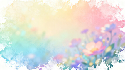 Dreamy Pastel Watercolor Floral Background with Distressed White Border ,Artistic Floral Frame Backdrop in Rainbow Pastel Tones ,Vibrant Abstract Meadow Watercolor with Soft Light and Texture