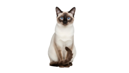Isolated Siamese cat sitting upright, with blue eyes and elegant cream and brown coloring