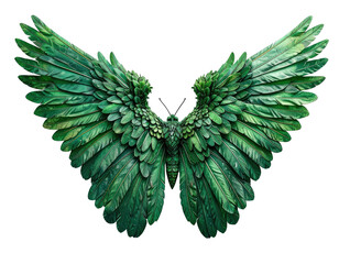 Intricate, emerald-green avian wings, resembling a butterfly's form