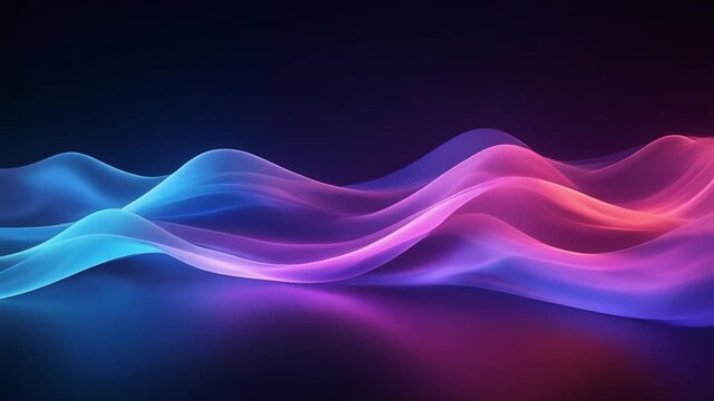 Smooth luminous waves flowing gently across dark background, glowing gradients shifting through blue, purple, and magenta hues, soft reflections, cinematic lighting depth