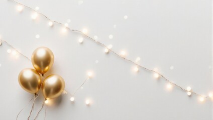 Golden Balloons and Twinkling Lights on White Background.