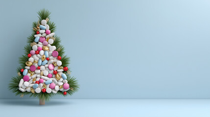 Colorful Christmas tree made of medicine tablet a soft blue background with ample copy space for festive designs
