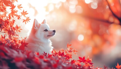White Dog in Red Autumn Leaves, Serene Nature Scene with Small Canine