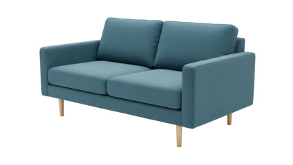 Isolated Teal Two-Seat Sofa with Wood Legs for Modern Living Room Comfort, Relaxation