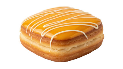 Isolated Tasty square doughnut with orange glaze and white stripes on a plain setting