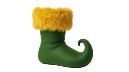 Isolated elf shoe with curly toe and fuzzy cuff, holiday decoration for Christmas season