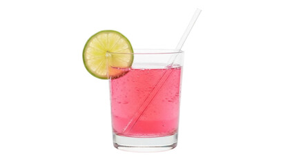 Isolated pink cocktail with a lime slice and a straw, refreshing alcoholic mixed drink
