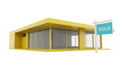 Isolated Sold house icon modern, yellow building minimal style, real estate signpost sale