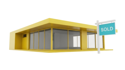Isolated Sold house icon modern, yellow building minimal style, real estate signpost sale