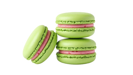 Isolated stack of pastel green macarons with pink buttercream filling, French cookies