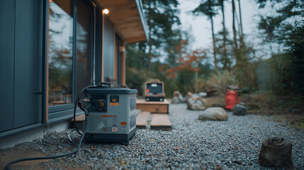 Batteries and generators next to an off-grid eco home providing reliable renewable energy for independent living.