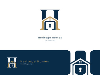 home monogram logo, letter h icon with open door and keyhole for realty
