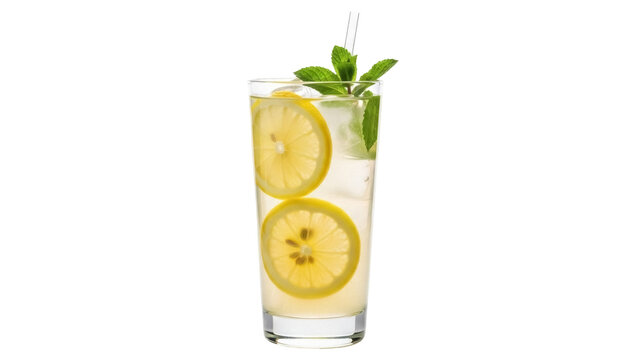 Isolated drink with ice, lemon slices, and mint, cold summer refreshing citrus beverage