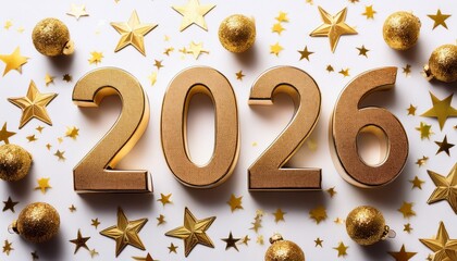 2026 numbers written with star golden glitters on white background with white and golden  gift boxes with copy space