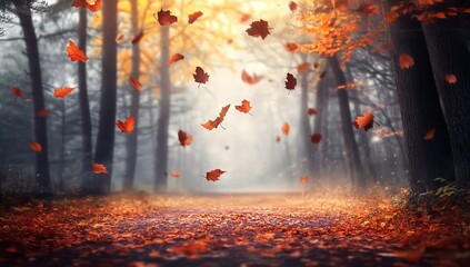 Vibrant Autumn Leaves Falling in a Misty Forest, Creating a Serene and Colorful Natural Landscape Scene
