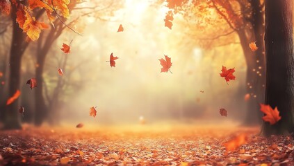 Vibrant Autumn Leaves Falling in a Misty Forest with Warm Sunlight Filtering Through Trees