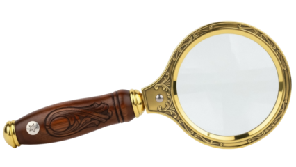 Isolated gold magnifying glass with wooden handle, tool for examining small objects, zoom in