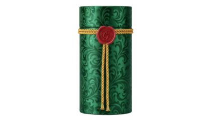 Isolated cylindrical container with green pattern and gold rope tied with a wax seal
