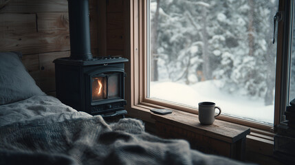 Cozy off-grid eco home interior with natural materials, warm light and sustainable design. Minimalist rustic style, self-sufficient living and eco-living atmosphere.