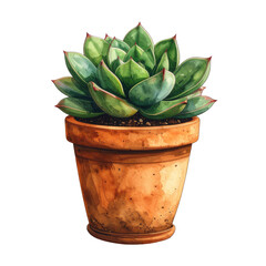 A vibrant green succulent plant with red tips sits in a clay pot