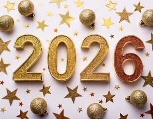 2026 numbers written with star golden glitters on white background with white and golden  gift boxes with copy space