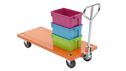 Isolated Orange platform trolley with three plastic storage containers, delivery concept