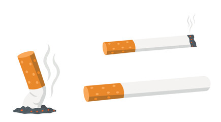 Cigarette smoking stages illustration with burning and extinguished cigarette