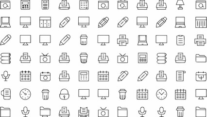 Collection of office and technology icons in a simple line art style
