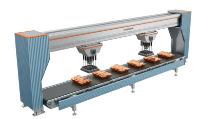 Isolated industrial conveyor belt system on the factory floor for product manufacturing
