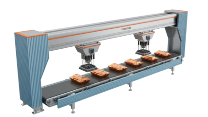 Isolated industrial conveyor belt system on the factory floor for product manufacturing