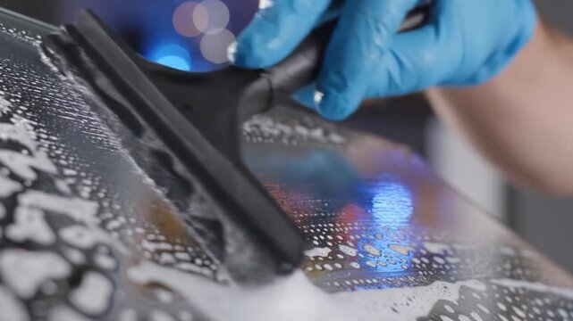 Professional cleaning service with squeegee removing soap suds from a glass surface by a gloved hand
