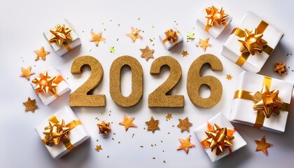 2026 numbers written with star golden glitters on white background with white and golden  gift boxes with copy space