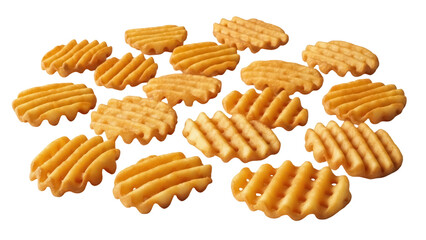 Isolated pile of golden waffle fries, crispy texture, potato snack, deep fried chips, fast food